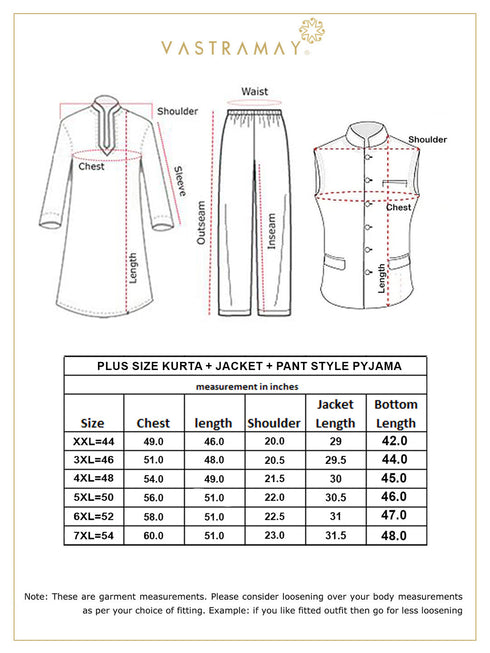Vastramay Men's Plus Size Orange Matka Silk Nehru Jacket With Cream Silk Blend Kurta and Pant style Pyjama Set